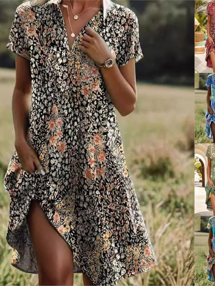 Carla™ | Stilfuld V-hals Knaplukket Blomstret Kjole