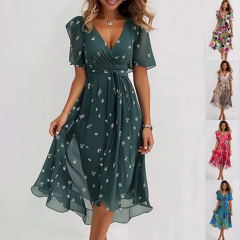Linne | Stilfuld Blomstret Midi Kjole