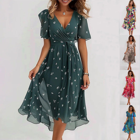 Linne | Stilfuld Blomstret Midi Kjole