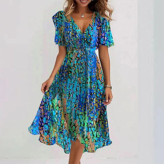 Linne | Stilfuld Blomstret Midi Kjole