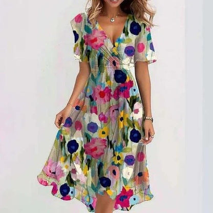 Linne | Stilfuld Blomstret Midi Kjole
