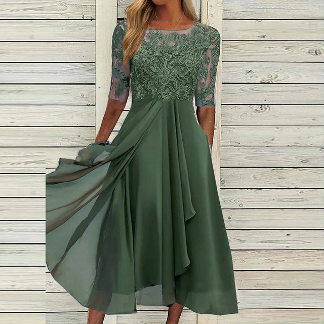 Dorthe | Stilig Midi Kjole Med Blondebroderi
