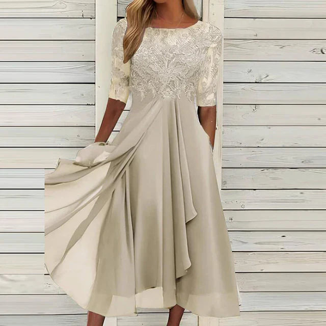 Dorthe | Stilig Midi Kjole Med Blondebroderi