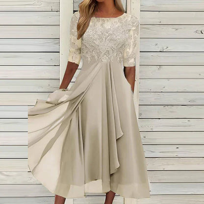 Dorthe | Stilig Midi Kjole Med Blondebroderi